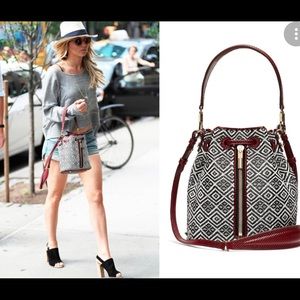 Elizabeth & James Woven Bucket Bag with Burgundy Trim